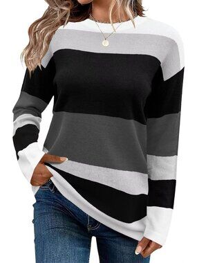 Cute Striped Long Sleeve Sweater Top for Women - Crew Neck, Cozy & Stylish